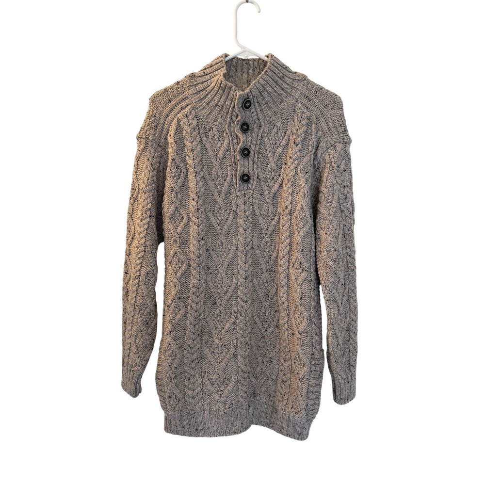 Aran Sweater Market Mens Merino Wool Cable Knit Button Mock Neck Sweater Beige S